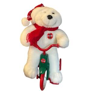 Vintage 1998 Coca-Cola White Bear Red Scarf on Trike 14x9x7”